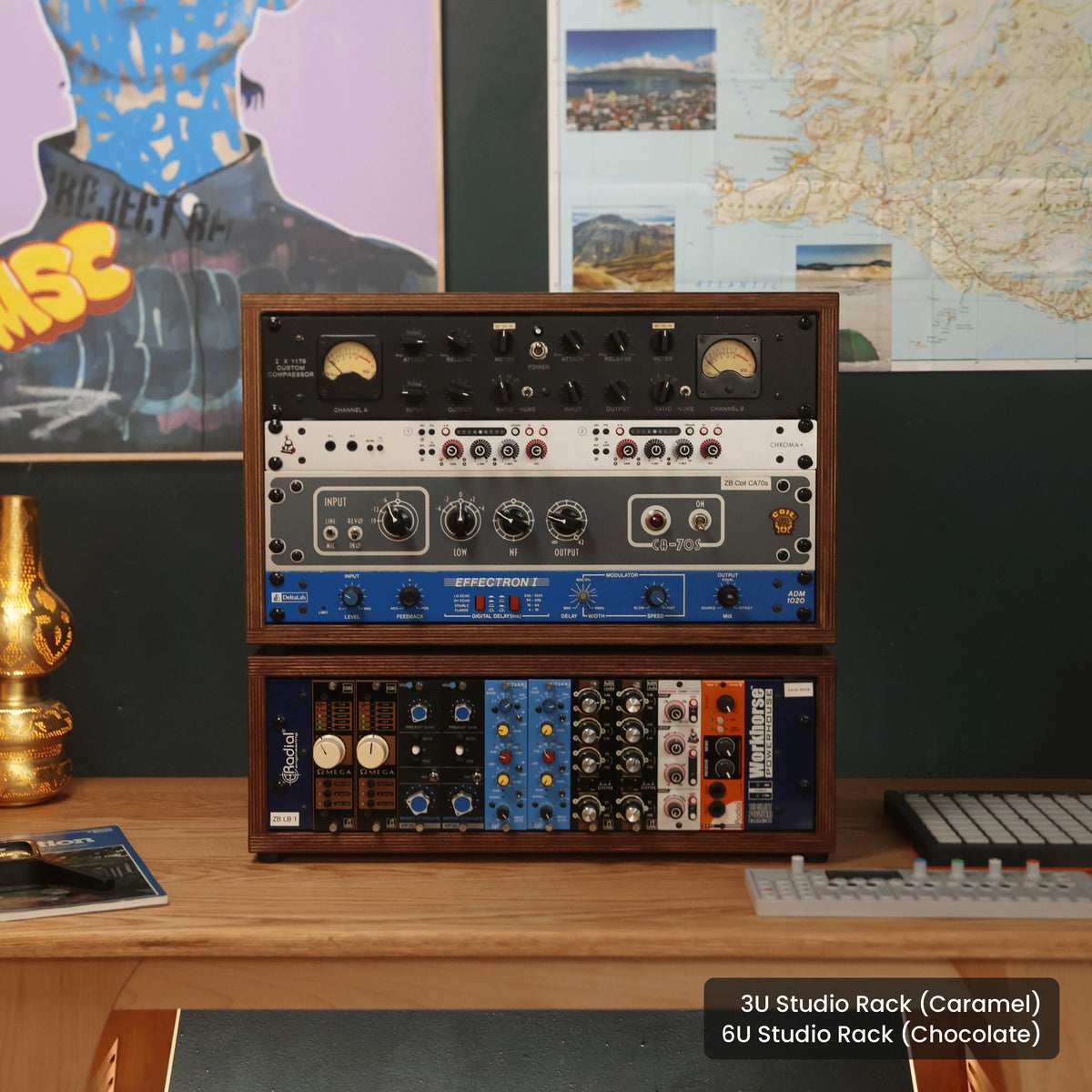 Handmade wood 3U Studio Rack (Caramel) and 6U Studio Rack (Chocolate), in a home studio