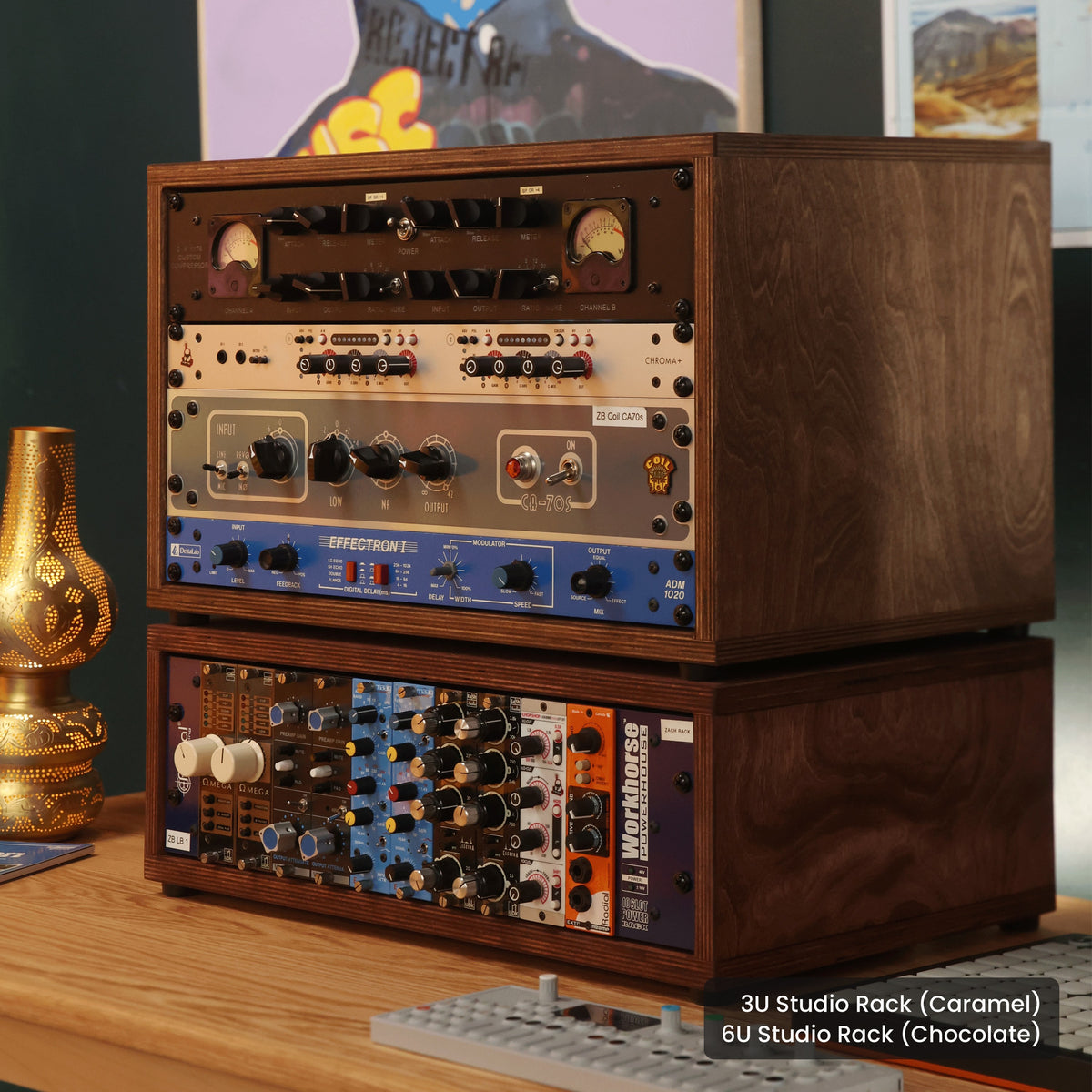Handmade wood 3U Studio Rack (Caramel) and 6U Studio Rack (Chocolate), in a home studio