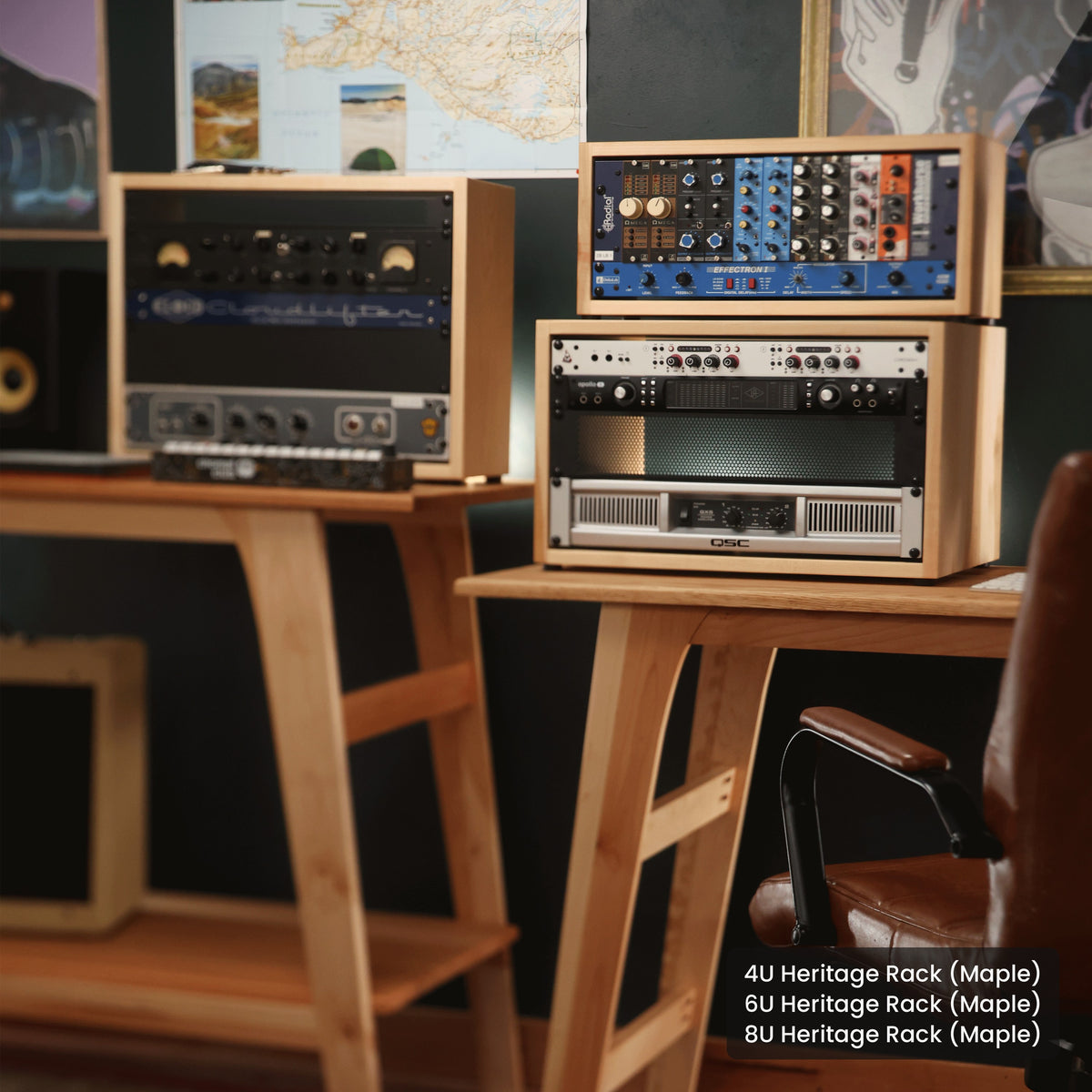 Handmade wood 4U Heritage Rack (Maple) and 6U Heritage Rack (Maple) and 8U Heritage Rack (Maple), in a home studio