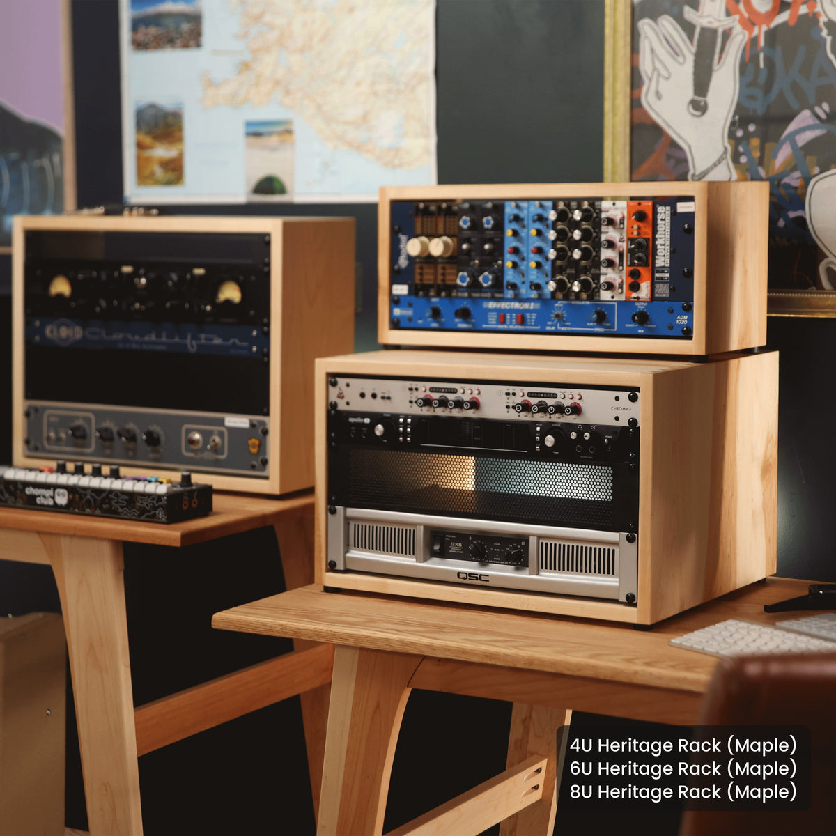 Handmade wood 4U Heritage Rack (Maple) and 6U Heritage Rack (Maple) and 8U Heritage Rack (Maple), in a home studio