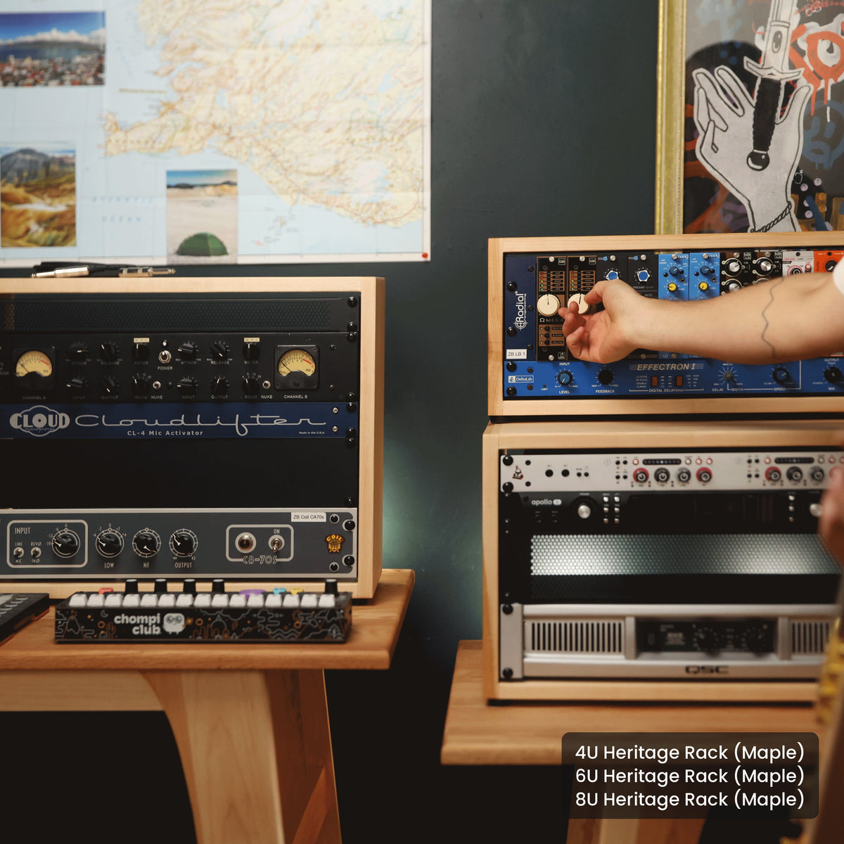 Handmade wood 4U Heritage Rack (Maple) and 6U Heritage Rack (Maple) and 8U Heritage Rack (Maple), in a home studio
