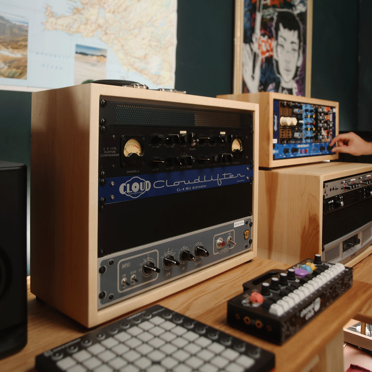 Handmade wood 4U Heritage Rack (Maple) and 6U Heritage Rack (Maple) and 8U Heritage Rack (Maple), in a home studio