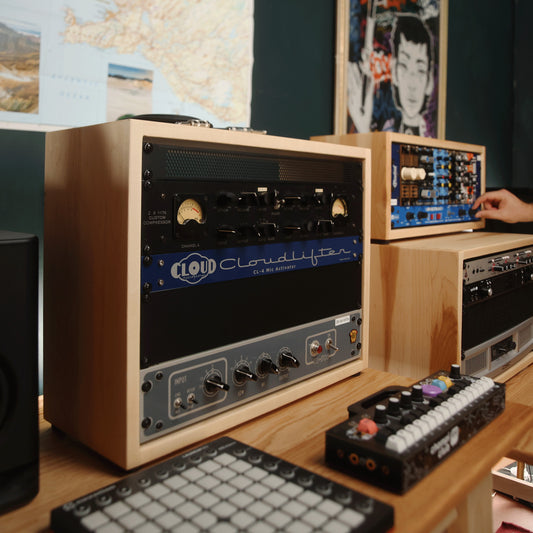 Handmade wood 4U Heritage Rack (Maple) and 6U Heritage Rack (Maple) and 8U Heritage Rack (Maple), in a home studio
