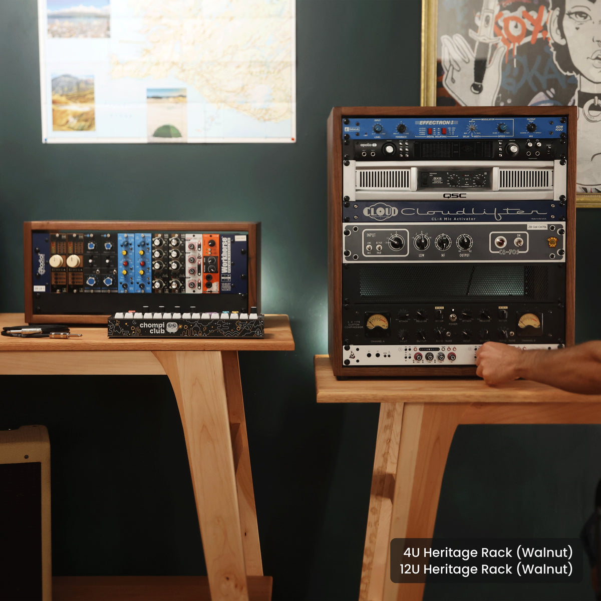 Handmade wood 4U Heritage Rack (Walnut) and 12U Heritage Rack (Walnut), in a home studio