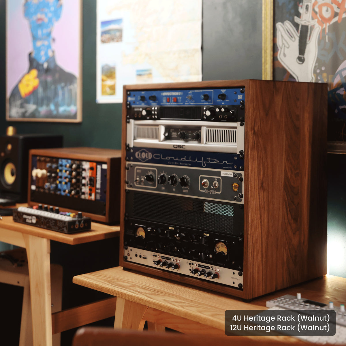 Handmade wood 4U Heritage Rack (Walnut) and 12U Heritage Rack (Walnut), in a home studio