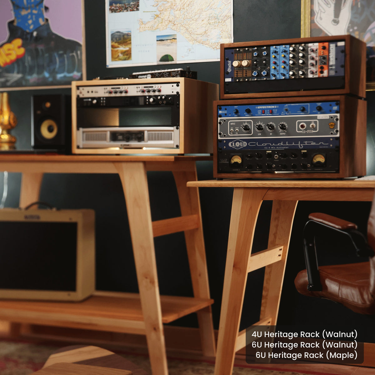 Handmade wood 4U Heritage Rack (Walnut) and 6U Heritage Rack (Walnut) and 6U Heritage Rack (Maple), in a home studio