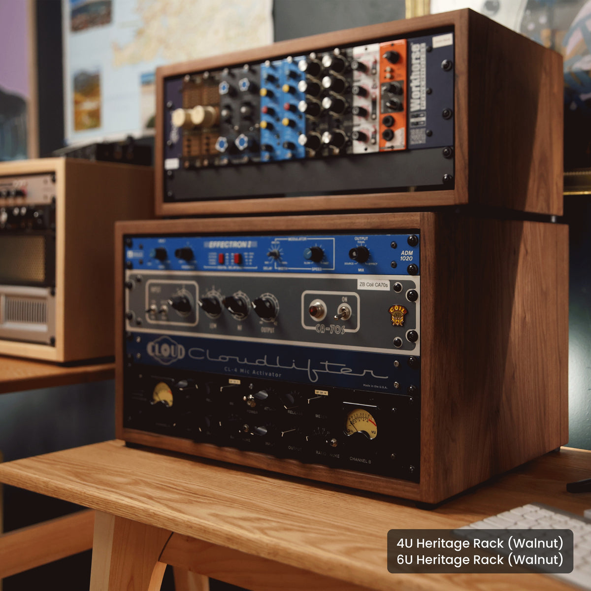 Handmade wood 4U Heritage Rack (Walnut) and 6U Heritage Rack (Walnut), in a home studio