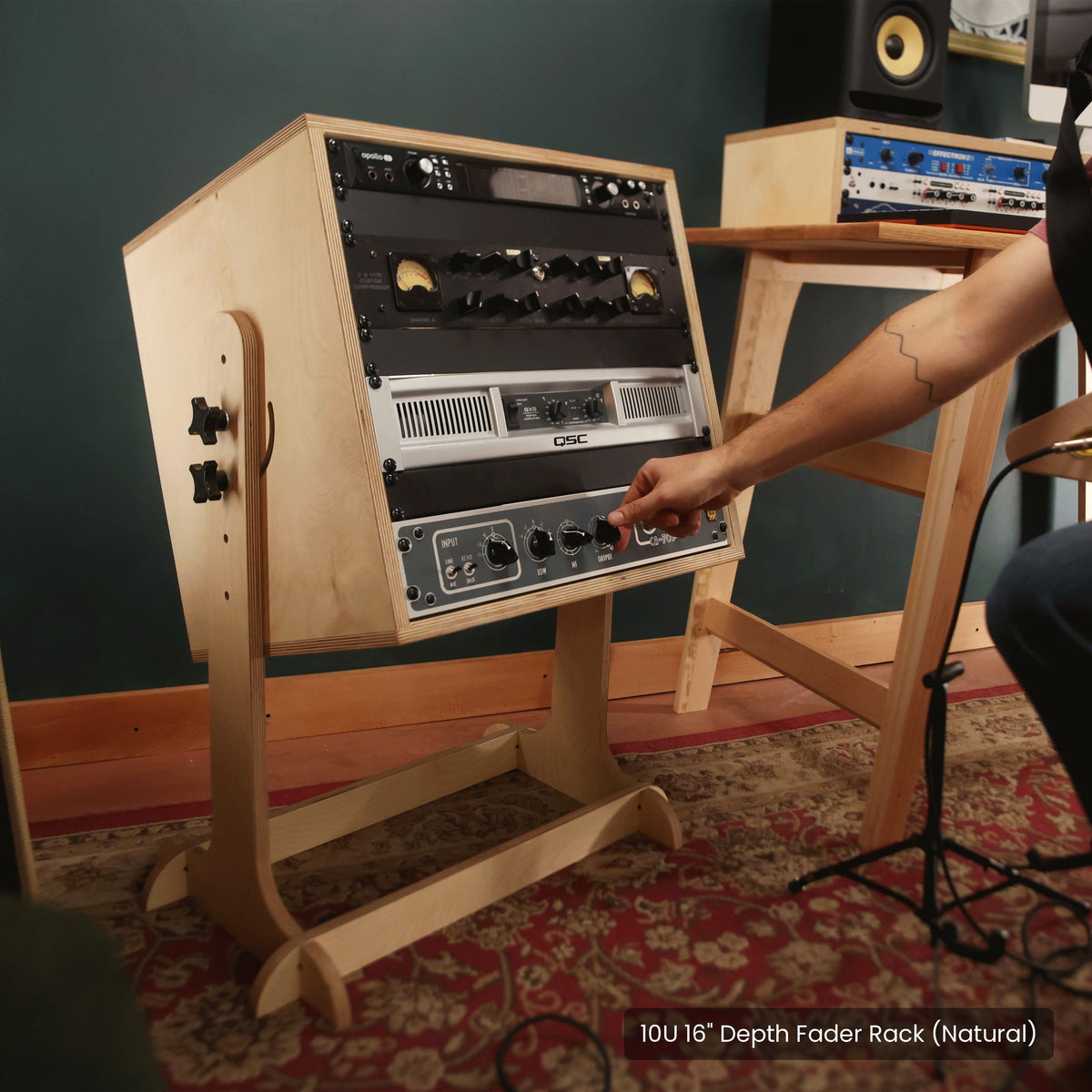 Direct access to rack gear on The Fader beside a studio desk